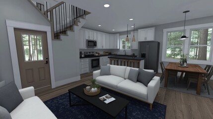 Fototapeta premium Open-plan living room, kitchen, and dining area in a modern farmhouse style home.