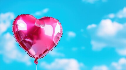 Shiny Pink Heart Balloon Against a Bright Blue Sky with Clouds