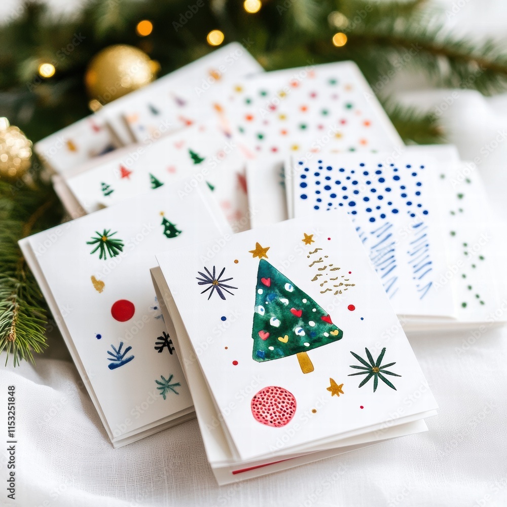 Poster collection of handmade christmas cards with festive designs displayed on a soft white tablecloth sur