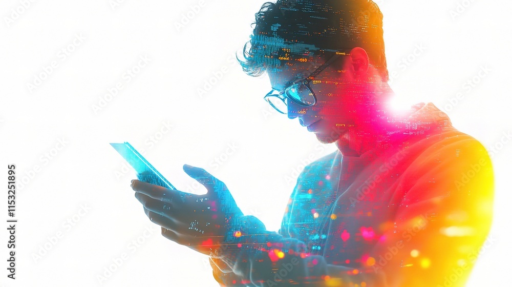 Poster innovative software developer coding on holographic interface
