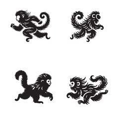 4 Set of Black Running Brown Woolly Monkey Silhouettes Isolated on White Background"
