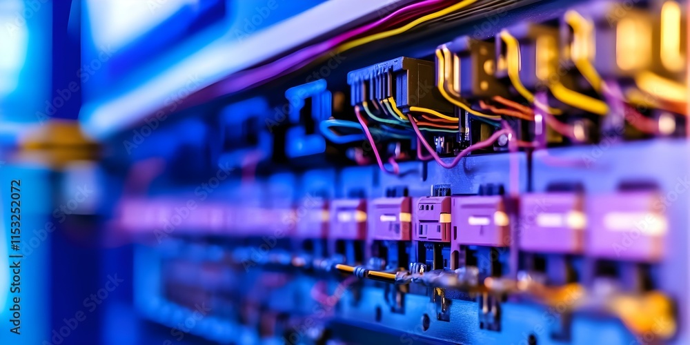 Poster a close-up of electronic components with colorful wiring and connectors, likely part of a circuit bo