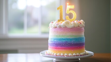 A whimsical cake with rainbow layers, edible glitter, and a glowing number 15 candle in gold.
