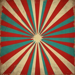 A retro-inspired background featuring a burst of red and turquoise rays radiating from a central point, evoking a vintage circus or carnival feel.