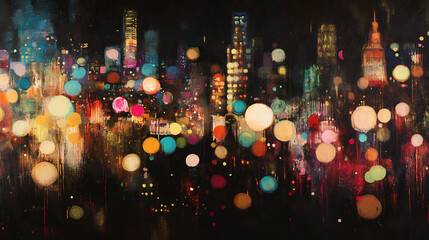 Romantic city lights at night urban bokeh and sparkle artistic digital artwork vibrant environment abstract concept