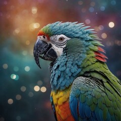 A parrot with shimmering, translucent feathers in a dreamlike celestial landscape.