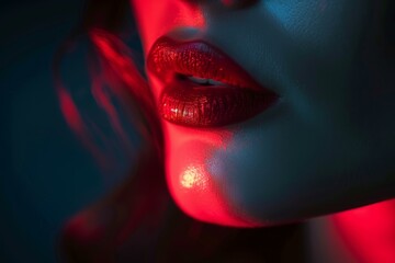 Close up of perfect red lips illuminated by neon light, creating a vibrant and glamorous look