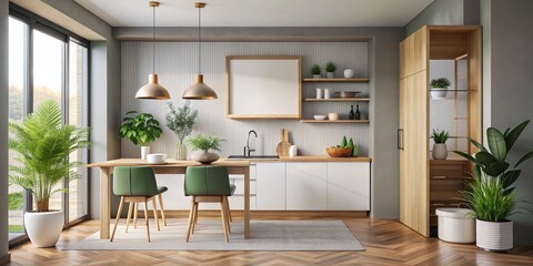 Modern Kitchen Mockup: Minimalist Poster Frame in 3D Rendered Interior