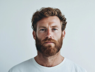Obraz premium Against a minimalist white backdrop, a bearded man showcases a striking contrast between his expressive features and the simplicity of his surroundings, making his unique look truly stand out.
