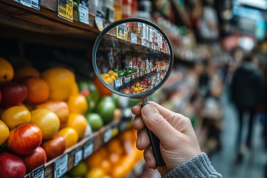 A confident consumer holding a magnifying glass over product details and labels. Generative AI