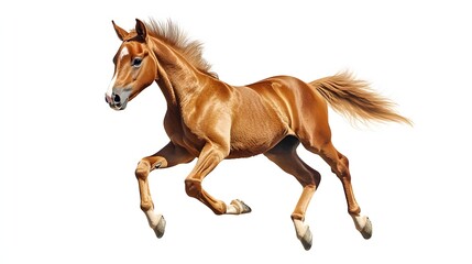 Obraz premium A chestnut foal gracefully leaps across a white background