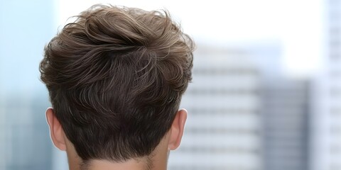 A person with curly hair is viewed from behind, standing against a blurred urban background. Concept Urban Exploration, Curly Hair, Blurred Background, Candid Moments, Street Photography