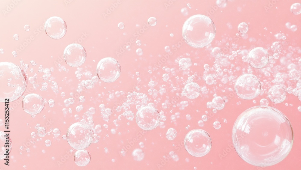 Poster pink background with many floating transparent bubbles of different sizes.