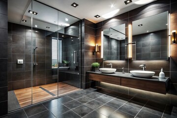 Modern Minimalist Black Bathroom with Large Mirror & Multi-Head Shower