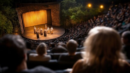 A wide-angle view of an outdoor amphitheater with a captivated audience watching a Purim-themed play featuring actors in traditional robes under warm lighting