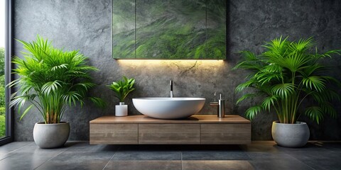 Modern Minimalist Bathroom Panoramic: White Basin, Potted Plant, Dark Stone Wall