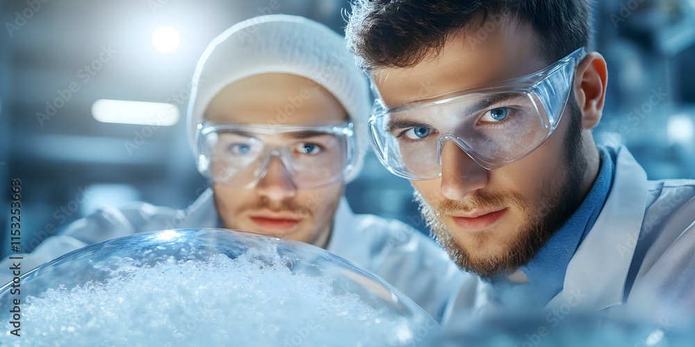 Poster two scientists in lab coats and safety goggles observing a frothy experiment in a laboratory setting