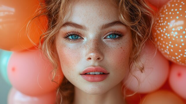 A close-up portrait of a young woman with freckles, blue eyes, and curly hair surrounded by colorful balloons. The image captures her radiant expression with soft focus.