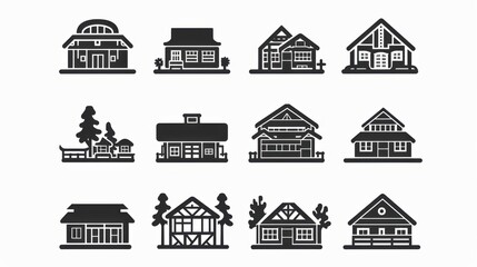 House and Building Icon Set on White Background