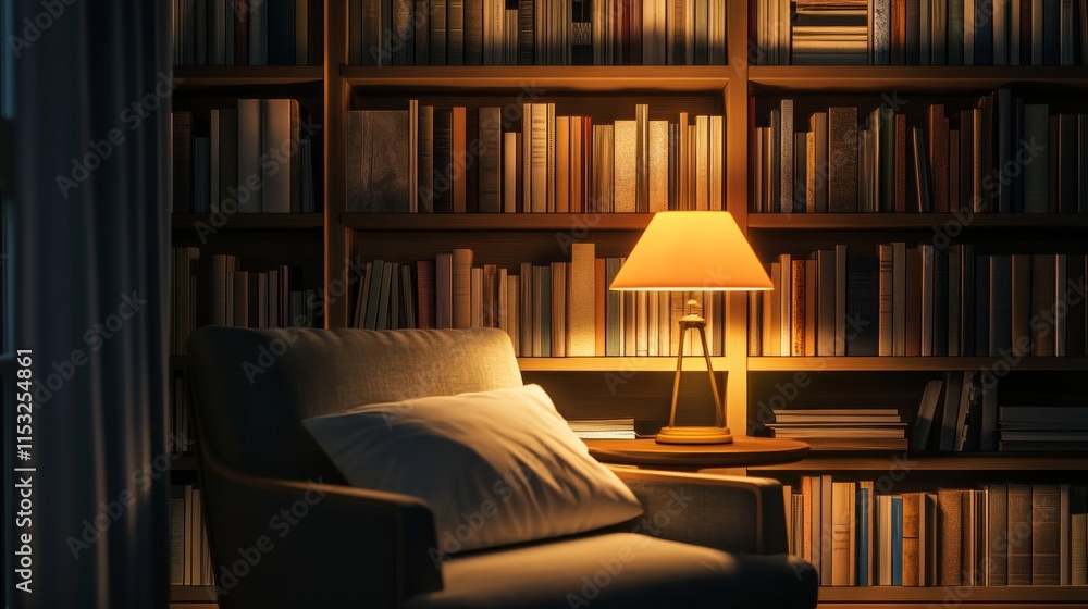Poster a serene library reading nook with books and a reading lamp neatly set up, a cozy corner with comfor