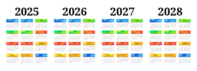 Set of calendars for 2025, 2026, 2027 and 2028 on a white background