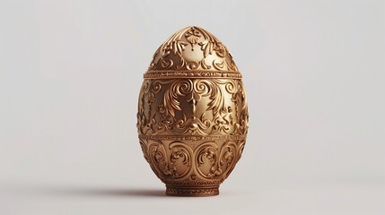 A high-quality 3D rendering of an antique gold Faberg?(C) egg closed, showcasing elegant craftsmanship against a minimalist white background
