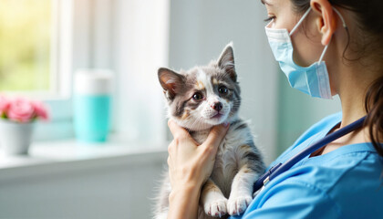 Caring veterinarian holds a precious kitten in a bright veterinary clinic during a routine check-up