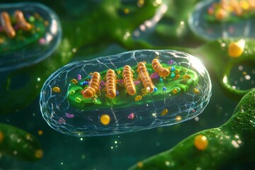 Microscopic view of a chloroplast, a crucial organelle in plant cells responsible for photosynthesis, showcasing its intricate internal structures and vibrant colors.