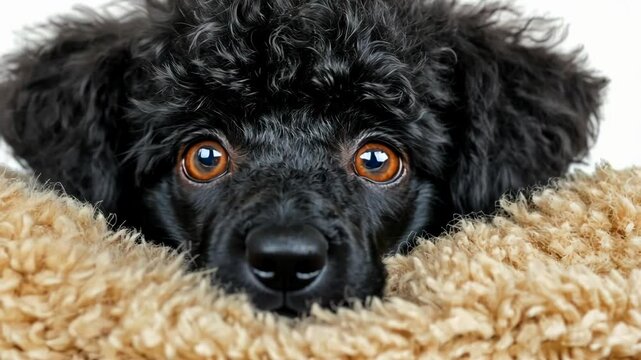 Black poodle puppy with curly fur relaxing on a cozy blanket indoors