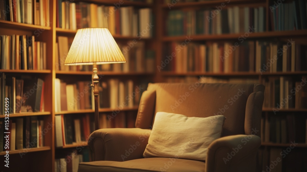 Poster a serene library reading nook with books and a reading lamp neatly set up, a cozy corner with comfor