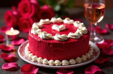 Red Velvet cake, glass of sparkling wine and roses for Valentines Day or birthday. Soft focus