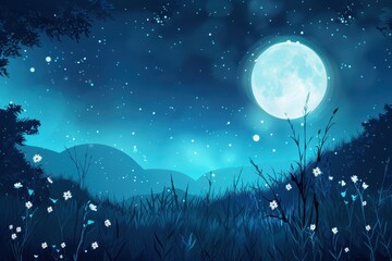 Full Moon Over a Field of White Flowers and Grass