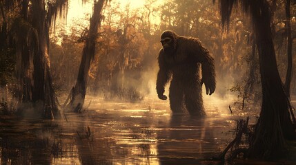 Bigfoot in the Mysterious Swamp at Dawn
