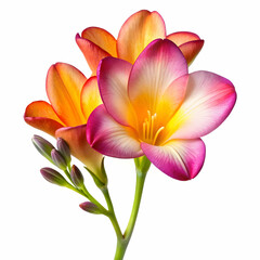 Fototapeta premium A freesia flower isolated on a transparent background, showcasing its elegant petals in vibrant shades of yellow, pink, or purple.