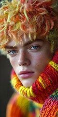Obraz premium Young man with intense gaze in colorful winter outfit