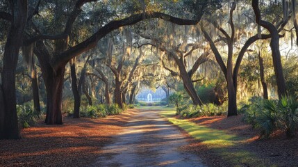 Naklejka premium Sunlit Pathway Through Majestic Oak Trees Draped In Spanish Moss