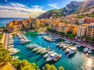 Obraz premium Monaco Marina: Luxury Yachts Docked at Port, Scenic Mediterranean Coastline