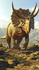 Fototapeta premium A realistic depiction of a Triceratops walking through a prehistoric landscape.