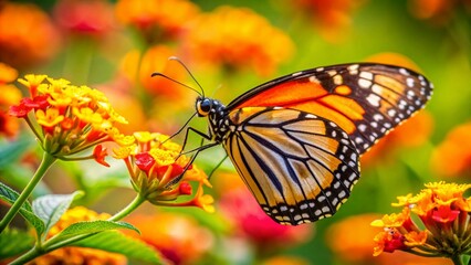 Fototapeta premium Monarch Butterfly on Lantana Flowers: 4K HD Pollinator Stock Photo