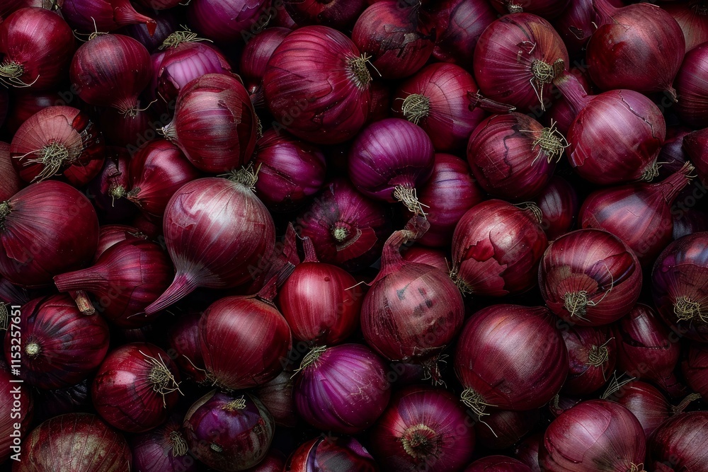 Poster close up of numerous red onions, creating a textured and colorful backdrop ideal for food related th