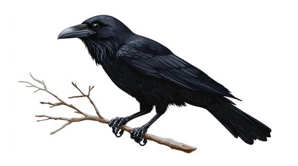 Fototapeta premium A Black Raven Perched on a Bare Branch