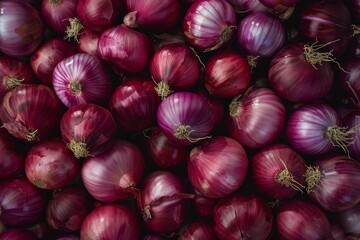 Close up view of numerous red onions, creating a rich tapestry of color and texture, ideal for culinary uses