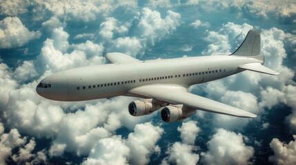 Retro airplane flying above fluffy clouds.