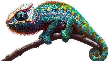 Obraz premium Vibrant Chameleon Perched on Branch Displaying Colorful Scales