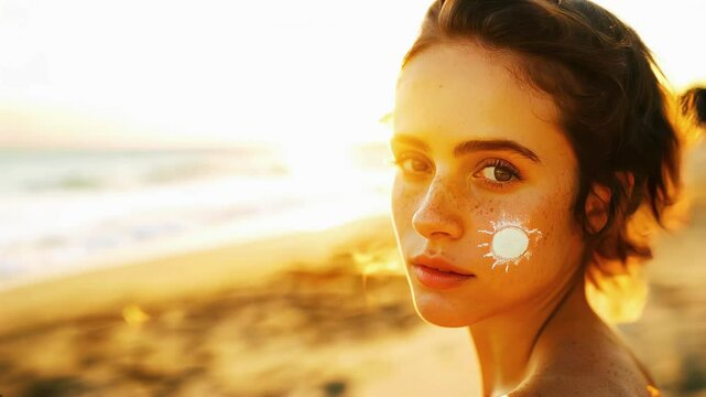 Young natural beauty woman with a sunscreen sun on her cheek, against a beach at sunset background, concept of SPF in skin care on vacation