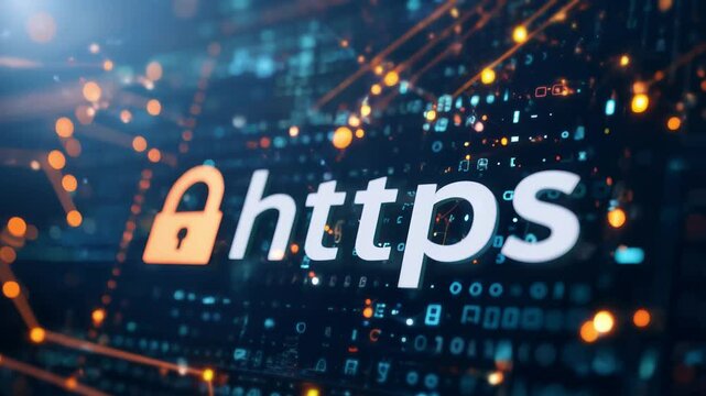 Https sign and a lock on a blue glowing circuit board background, SEO term for a safe encrypted connection on Internet with SSL certificate