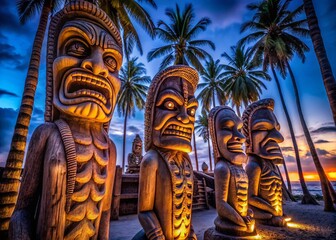 Obraz premium Mysterious Tiki Statues at Pu'uhonua o Honaunau National Historical Park, Hawaii - Low Light Photography