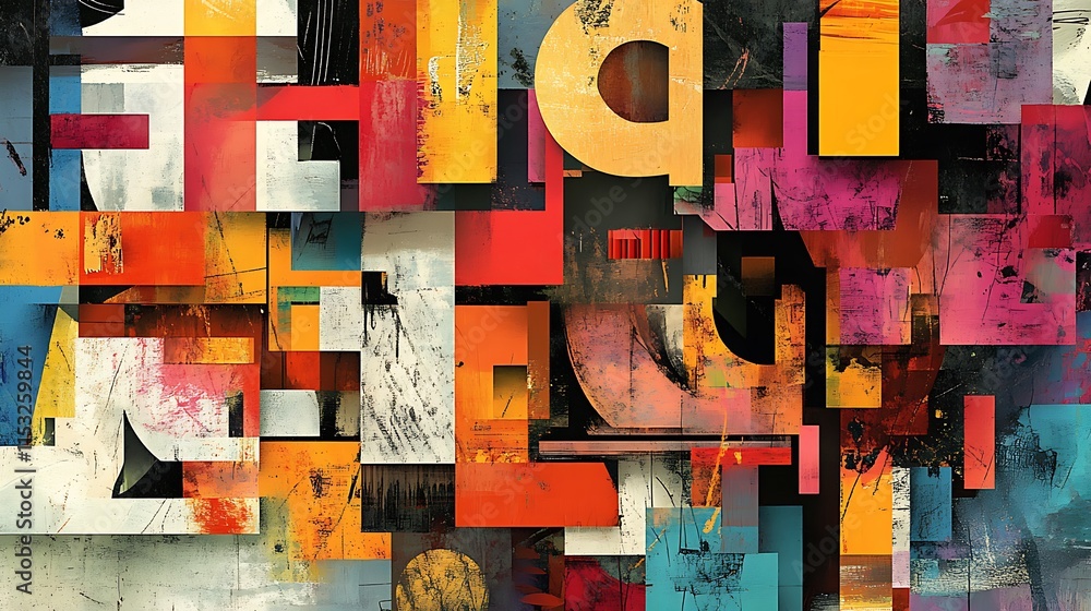 Poster vibrant abstract artwork featuring a chaotic arrangement of colorful shapes letters for creating a d
