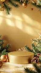 3D Christmas podium display with ornaments and evergreen branches golden silver and green poster background, new year and xmas advertising showcasing