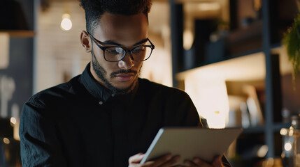 Obraz premium Focused young man working on tablet home office